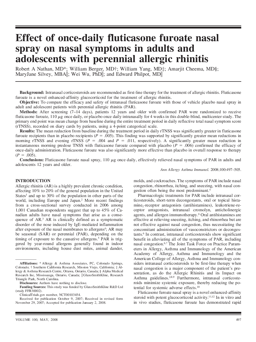 Effect of once-daily fluticasone furoate nasal spray on nasal symptoms in adults and adolescents with perennial allergic rhinitis