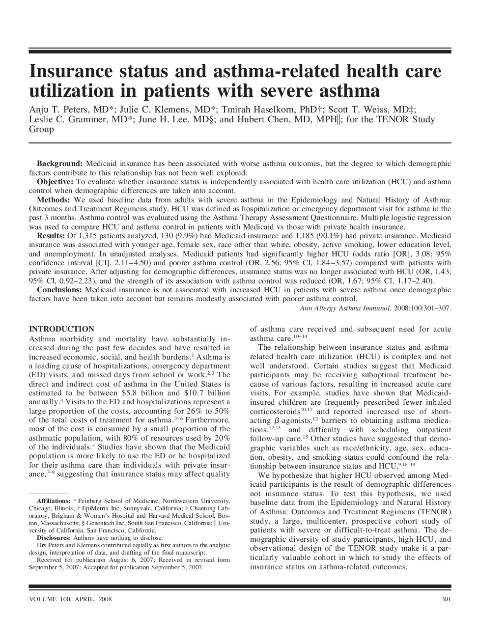 Insurance status and asthma-related health care utilization in patients with severe asthma