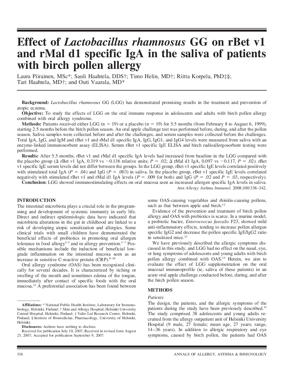 Effect of Lactobacillus rhamnosus GG on rBet v1 and rMal d1 specific IgA in the saliva of patients with birch pollen allergy