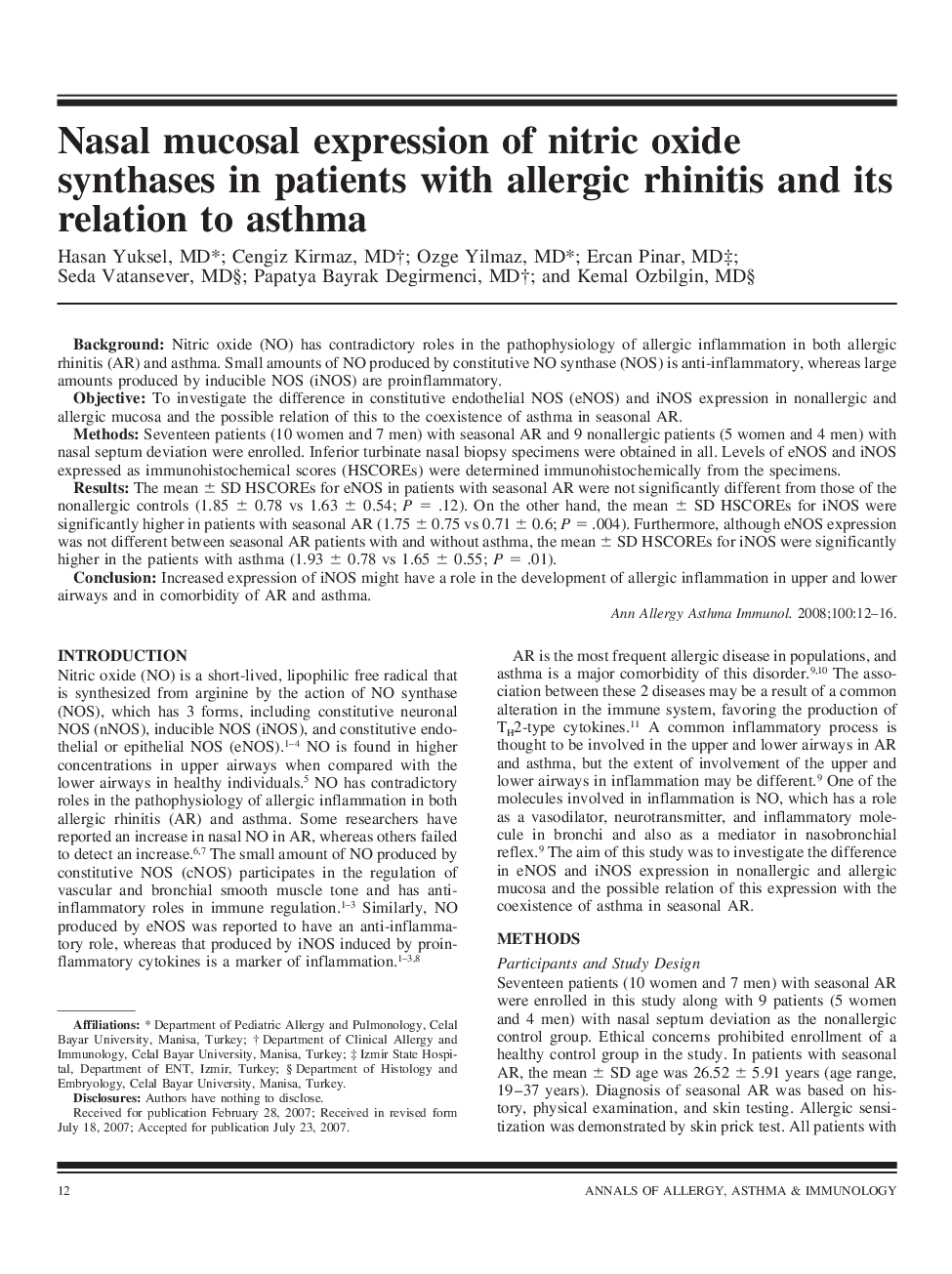 Nasal mucosal expression of nitric oxide synthases in patients with allergic rhinitis and its relation to asthma