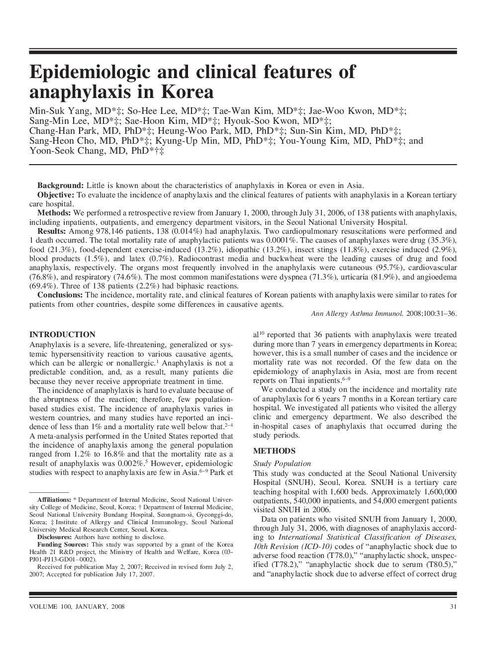 Epidemiologic and clinical features of anaphylaxis in Korea