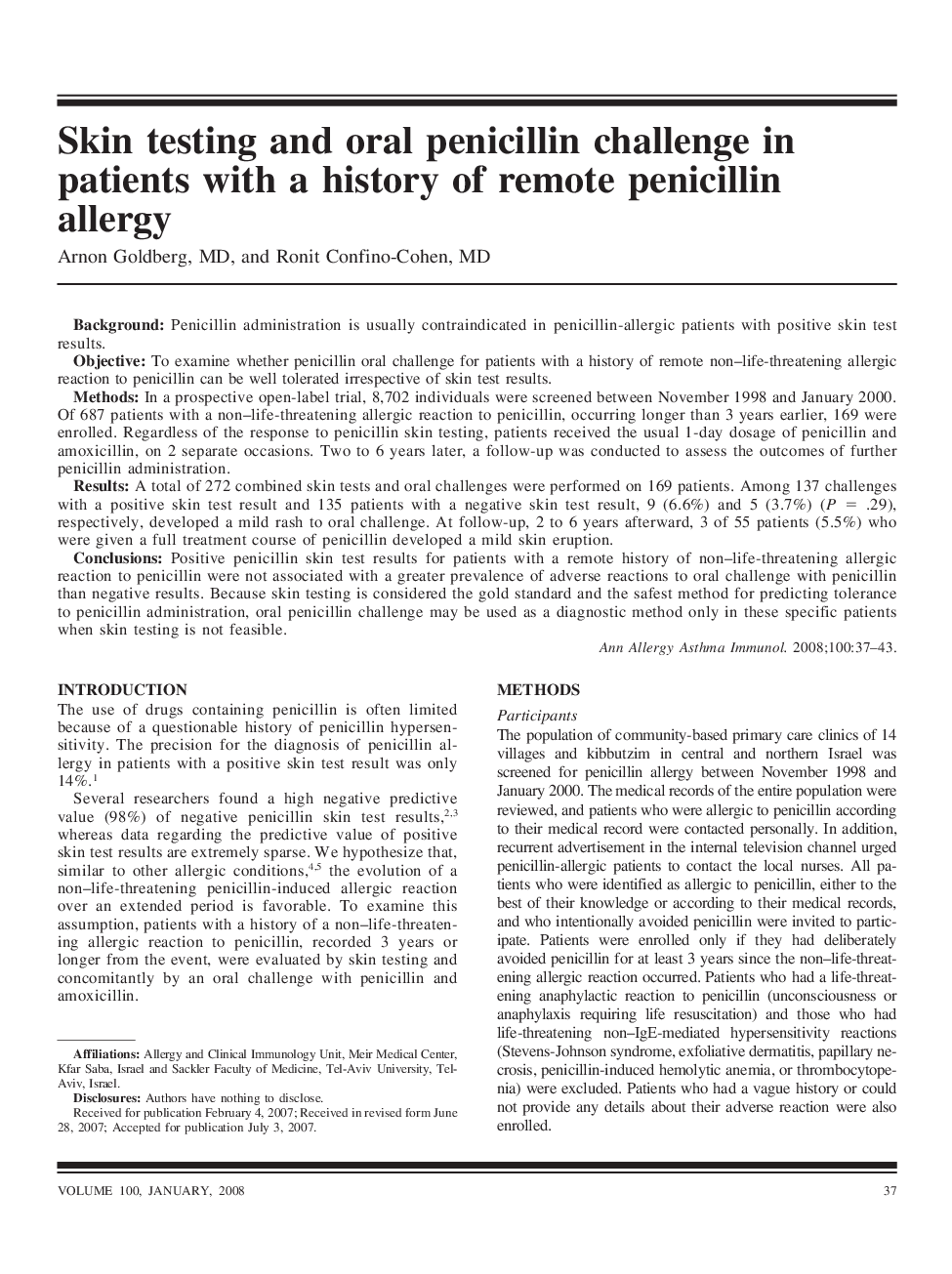 Skin testing and oral penicillin challenge in patients with a history of remote penicillin allergy