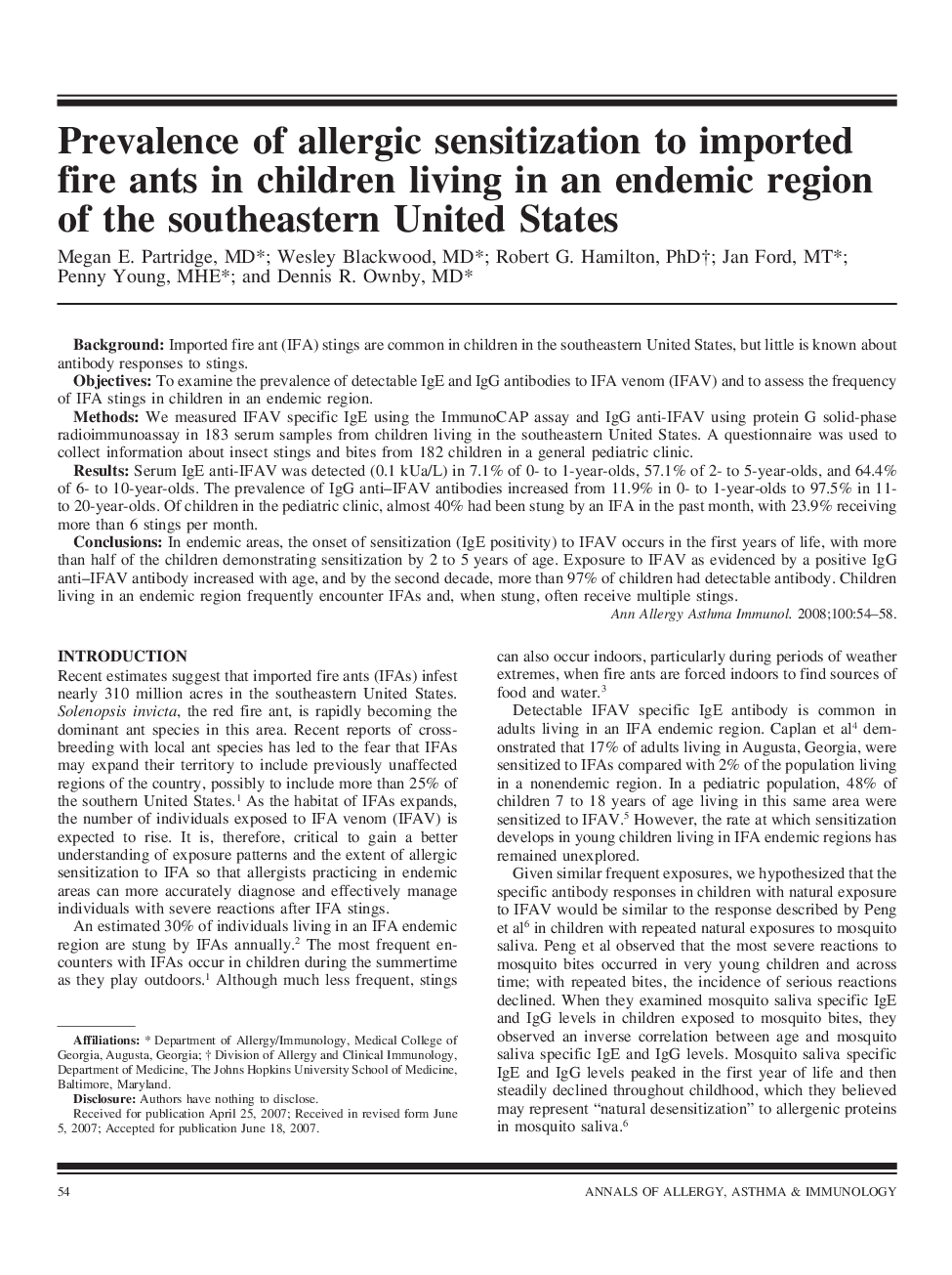 Prevalence of allergic sensitization to imported fire ants in children living in an endemic region of the southeastern United States