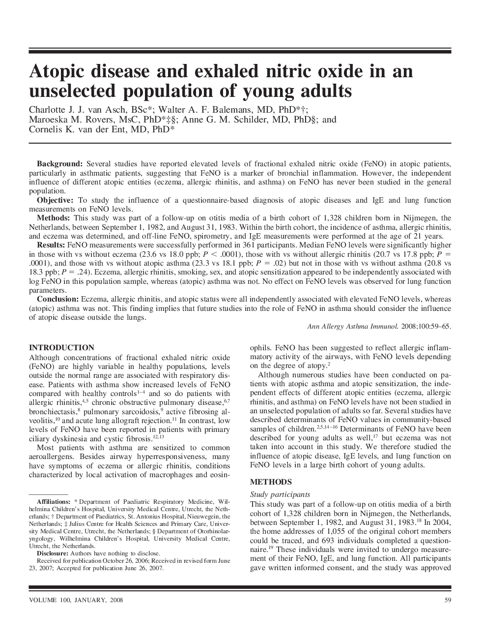 Atopic disease and exhaled nitric oxide in an unselected population of young adults