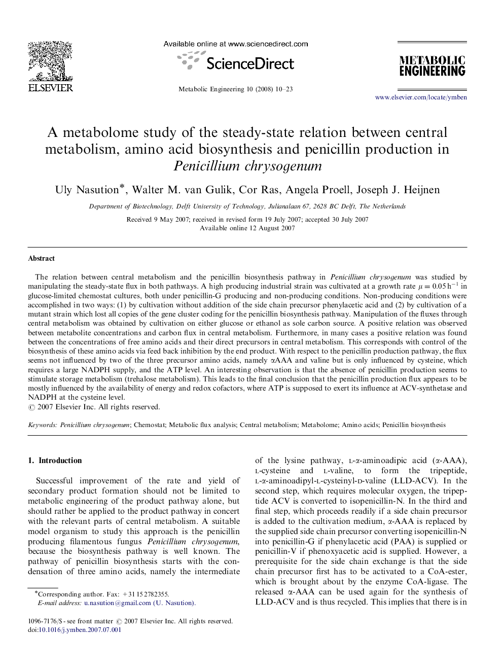 A metabolome study of the steady-state relation between central metabolism, amino acid biosynthesis and penicillin production in Penicillium chrysogenum