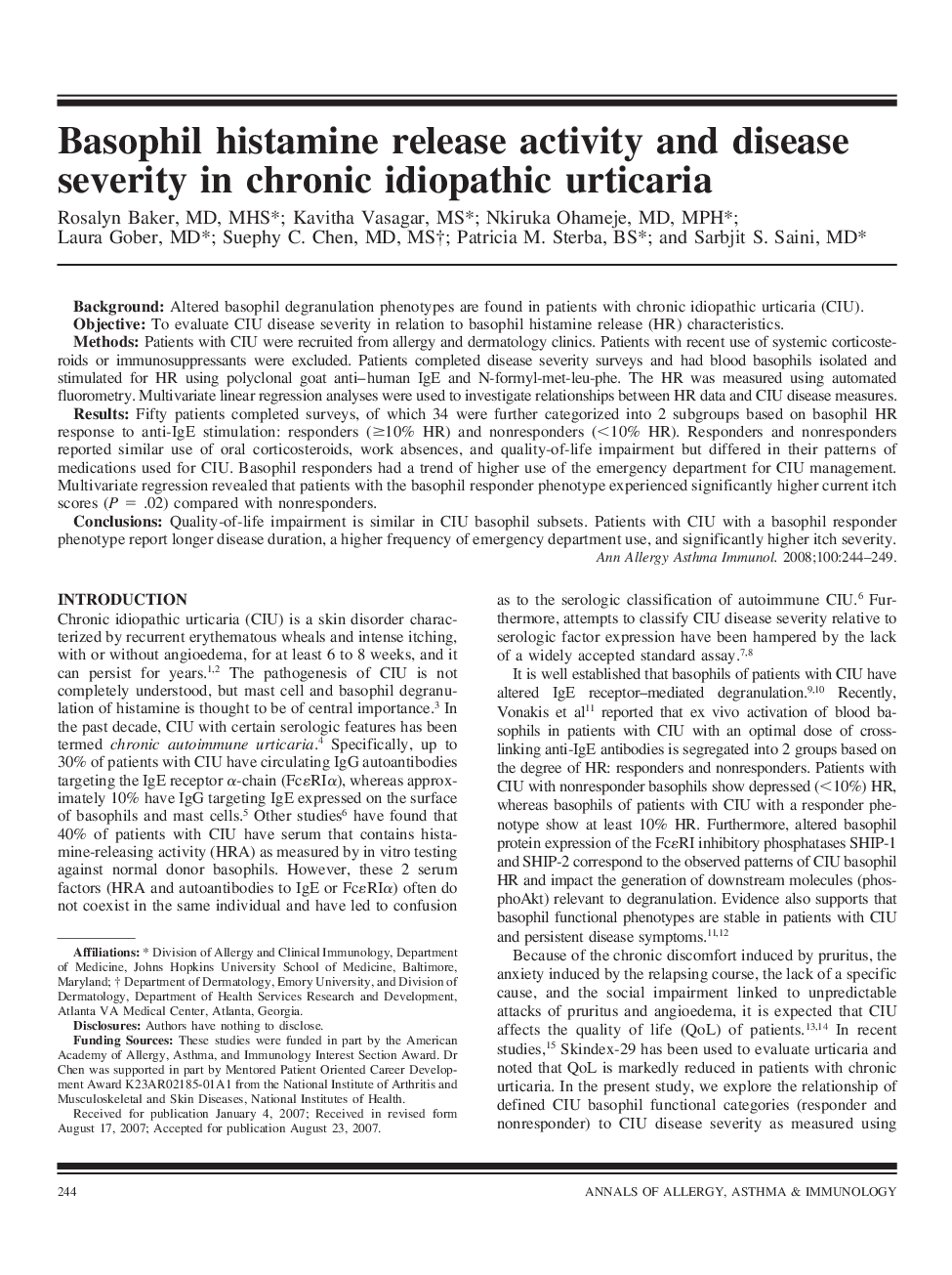 Basophil histamine release activity and disease severity in chronic idiopathic urticaria