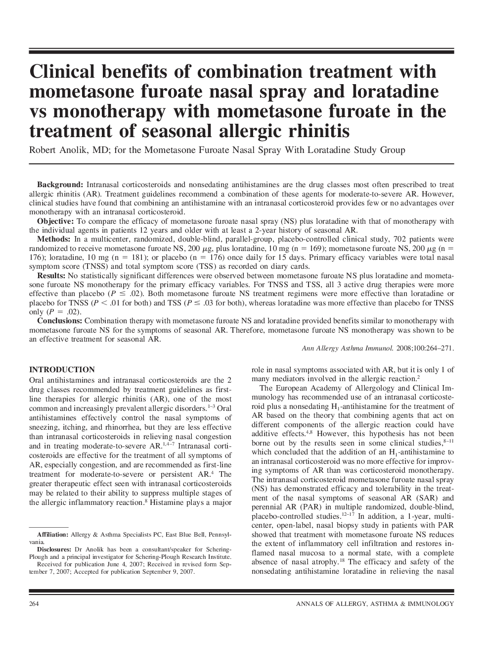 Clinical benefits of combination treatment with mometasone furoate nasal spray and loratadine vs monotherapy with mometasone furoate in the treatment of seasonal allergic rhinitis