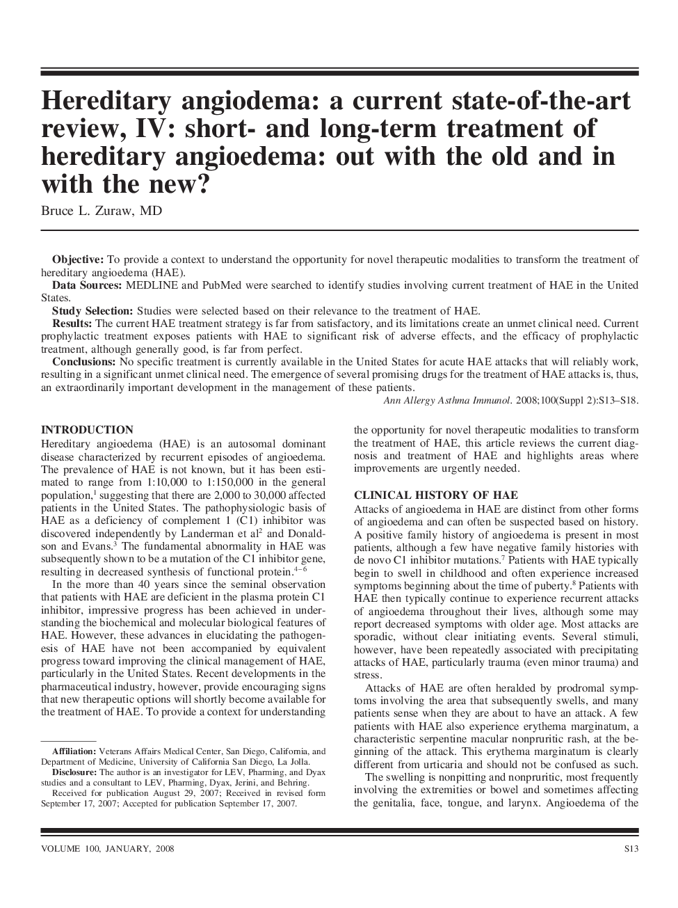 Hereditary angiodema: a current state-of-the-art review, IV: short- and long-term treatment of hereditary angioedema: out with the old and in with the new?