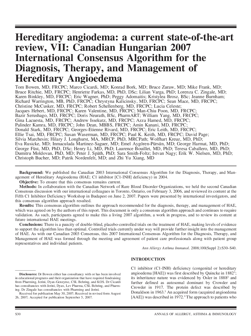 Hereditary angiodema: a current state-of-the-art review, VII: Canadian Hungarian 2007 International Consensus Algorithm for the Diagnosis, Therapy, and Management of Hereditary Angioedema