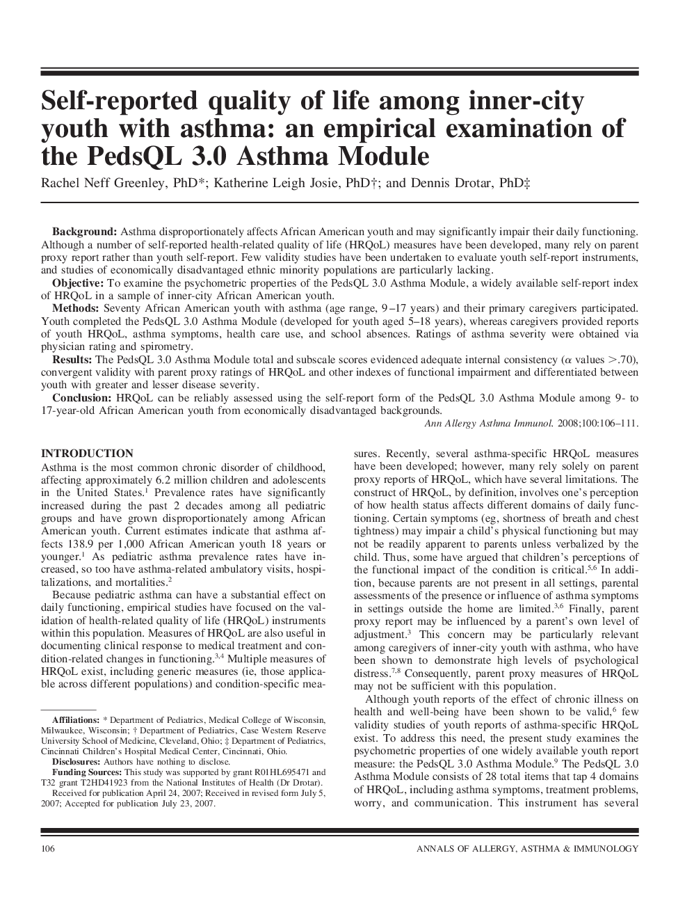 Self-reported quality of life among inner-city youth with asthma: an empirical examination of the PedsQL 3.0 Asthma Module