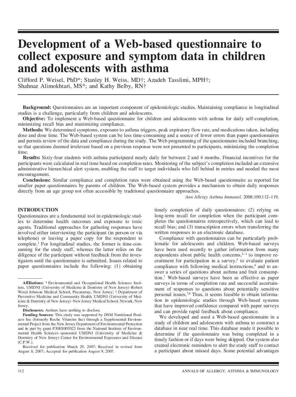 Development of a Web-based questionnaire to collect exposure and symptom data in children and adolescents with asthma