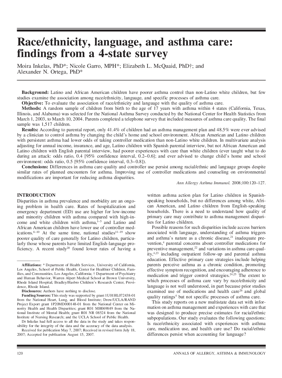 Race/ethnicity, language, and asthma care: findings from a 4-state survey
