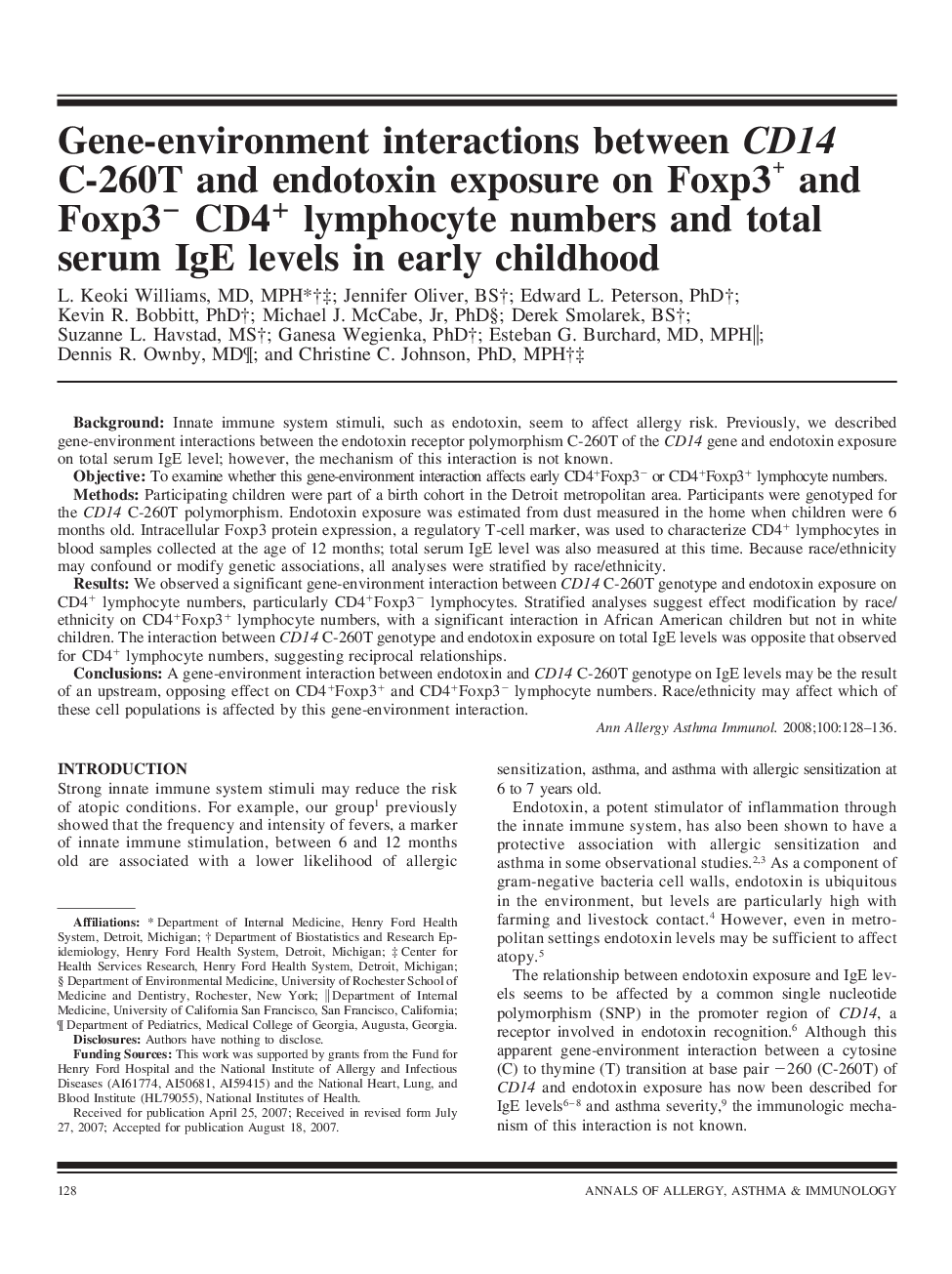 Gene-environment interactions between CD14 C-260T and endotoxin exposure on Foxp3+ and Foxp3â CD4+ lymphocyte numbers and total serum IgE levels in early childhood