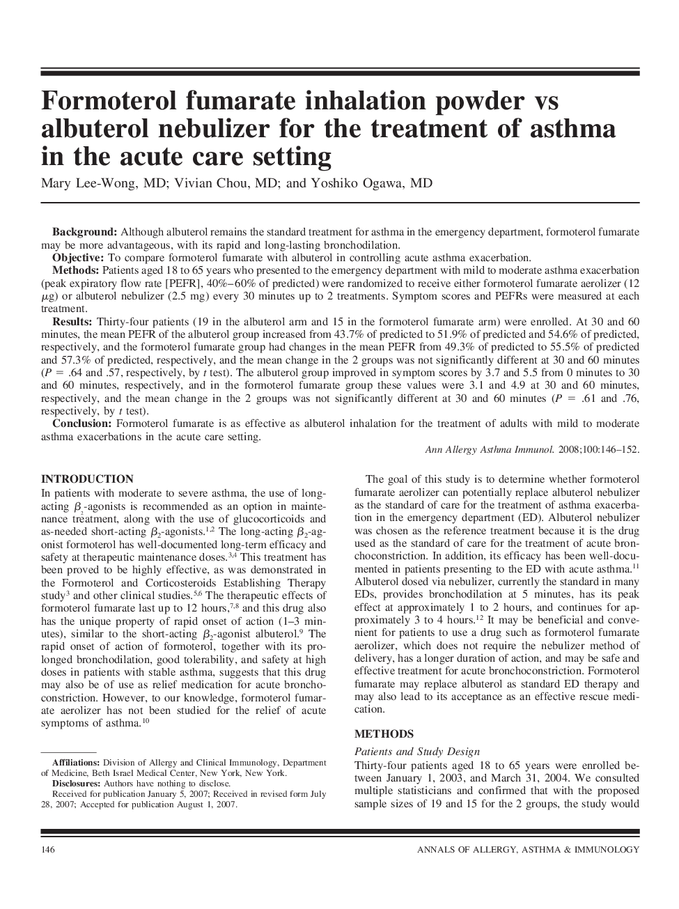 Formoterol fumarate inhalation powder vs albuterol nebulizer for the treatment of asthma in the acute care setting