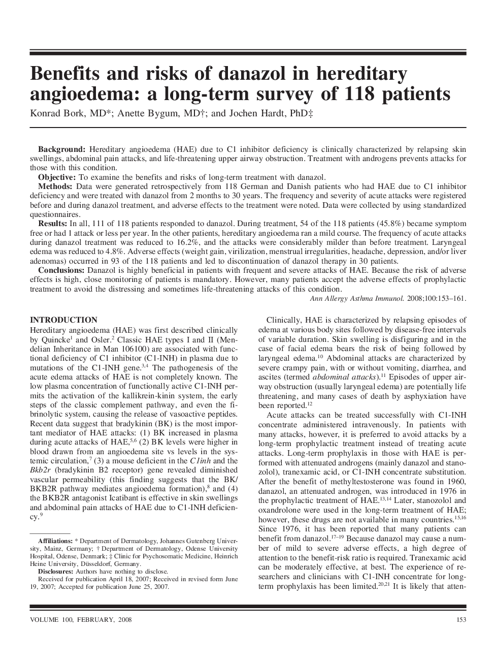 Benefits and risks of danazol in hereditary angioedema: a long-term survey of 118 patients