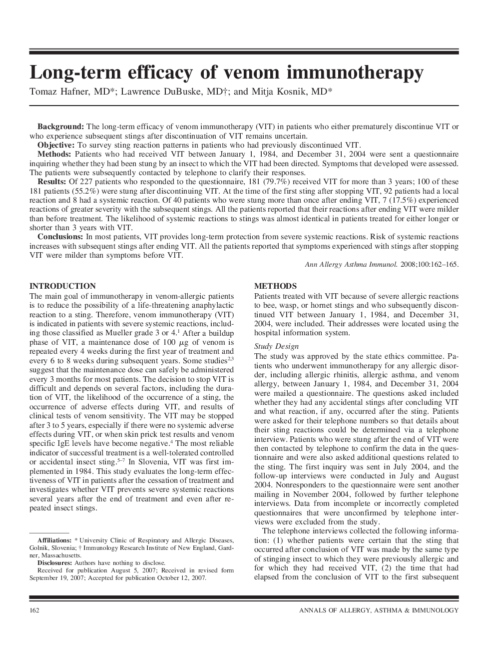 Long-term efficacy of venom immunotherapy