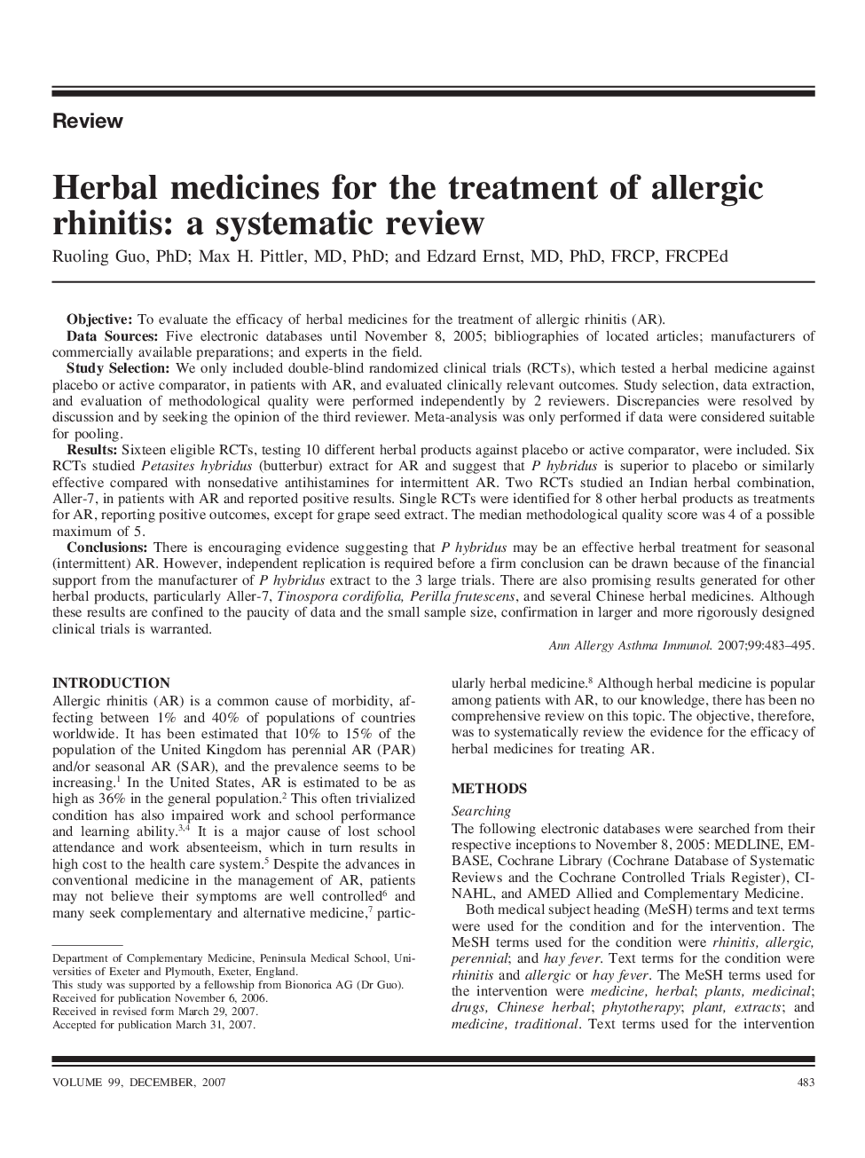 Herbal medicines for the treatment of allergic rhinitis: a systematic review