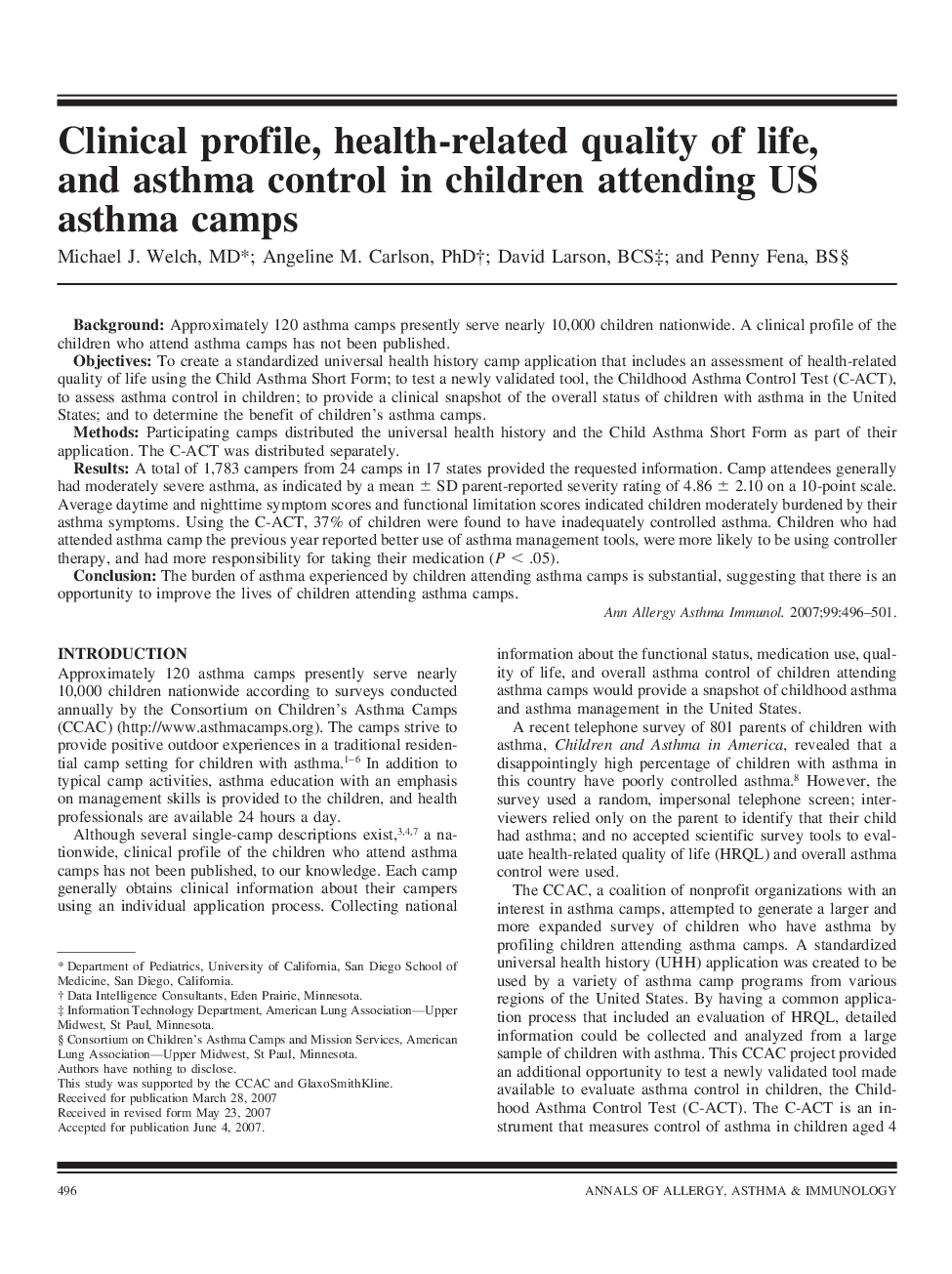 Clinical profile, health-related quality of life, and asthma control in children attending US asthma camps