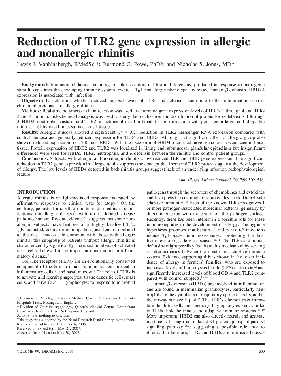 Reduction of TLR2 gene expression in allergic and nonallergic rhinitis