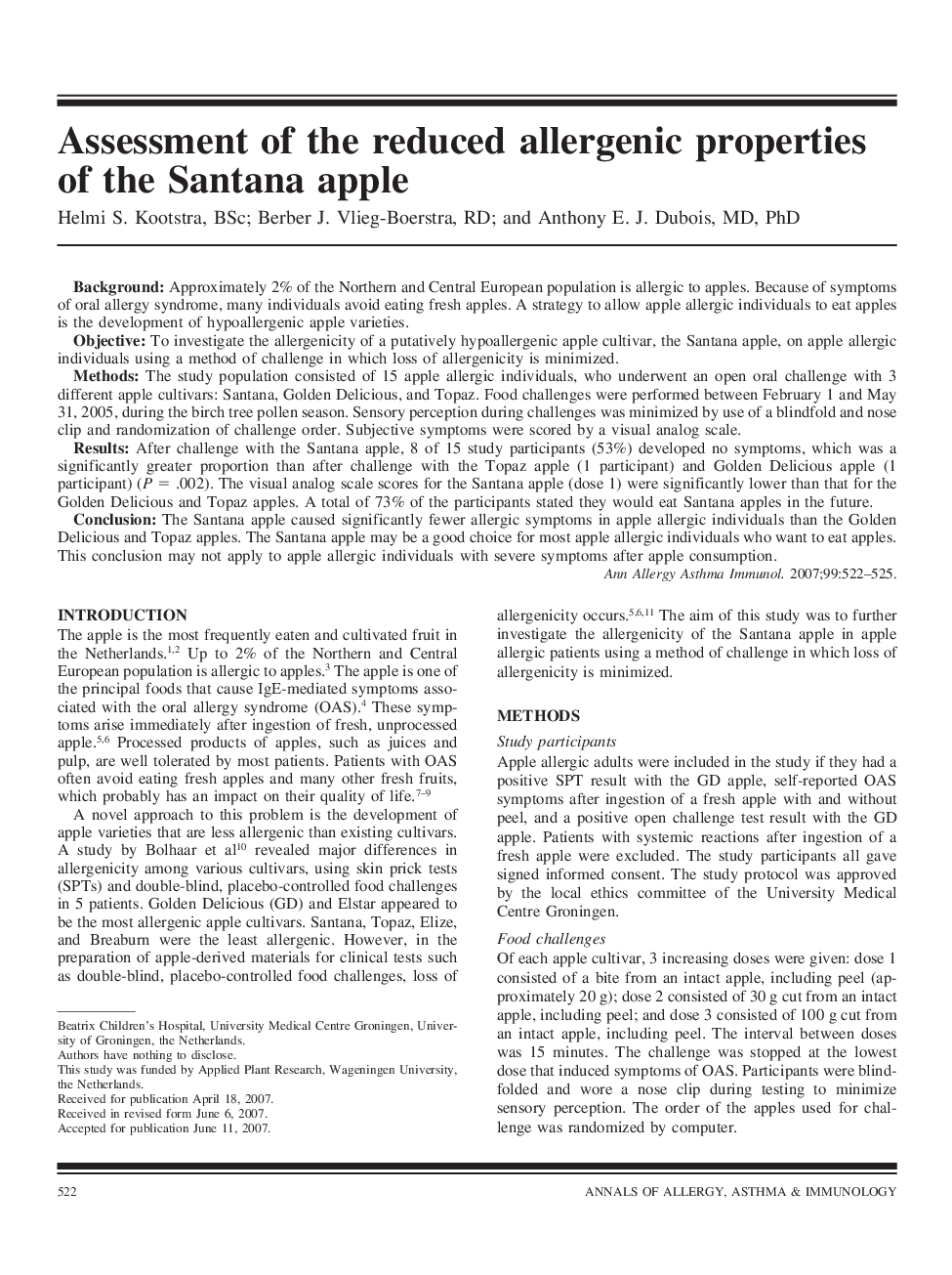 Assessment of the reduced allergenic properties of the Santana apple