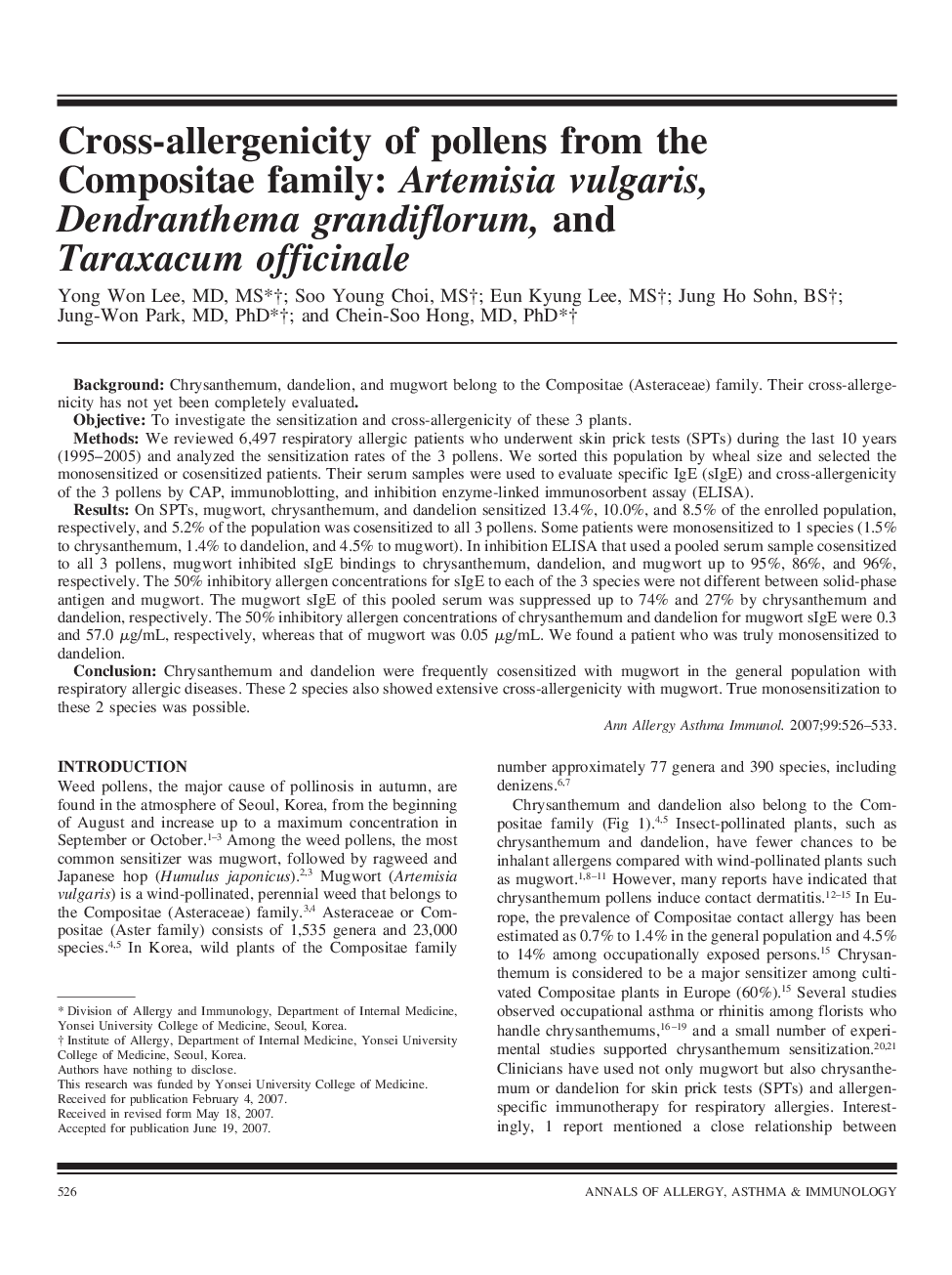 Cross-allergenicity of pollens from the Compositae family: Artemisia vulgaris, Dendranthema grandiflorum, and Taraxacum officinale
