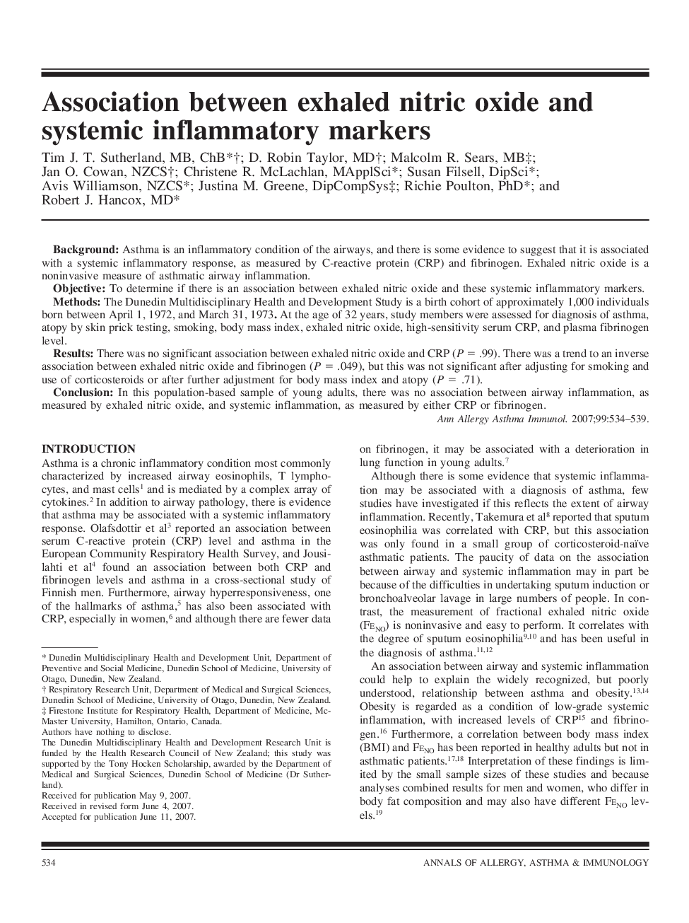 Association between exhaled nitric oxide and systemic inflammatory markers