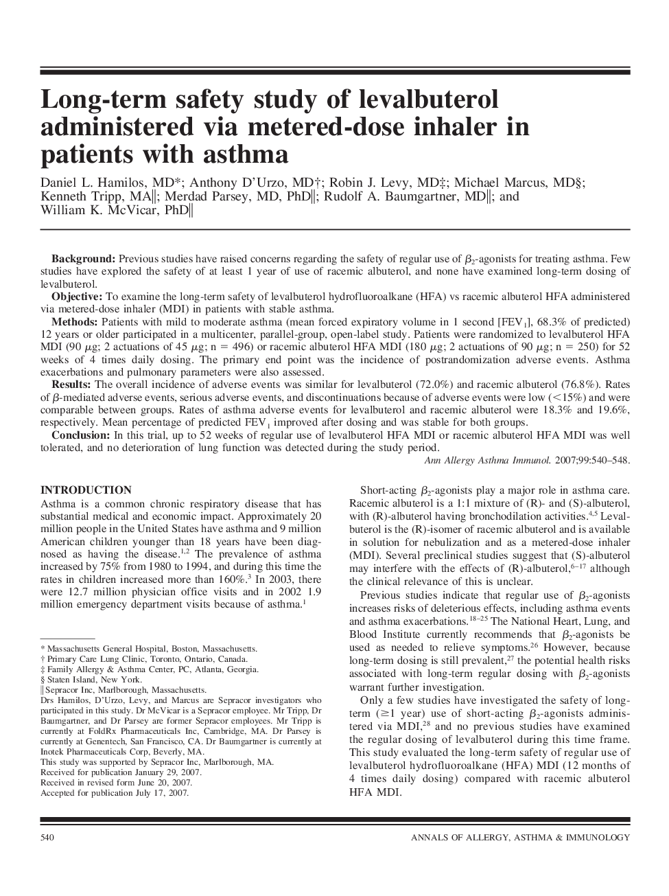 Long-term safety study of levalbuterol administered via metered-dose inhaler in patients with asthma