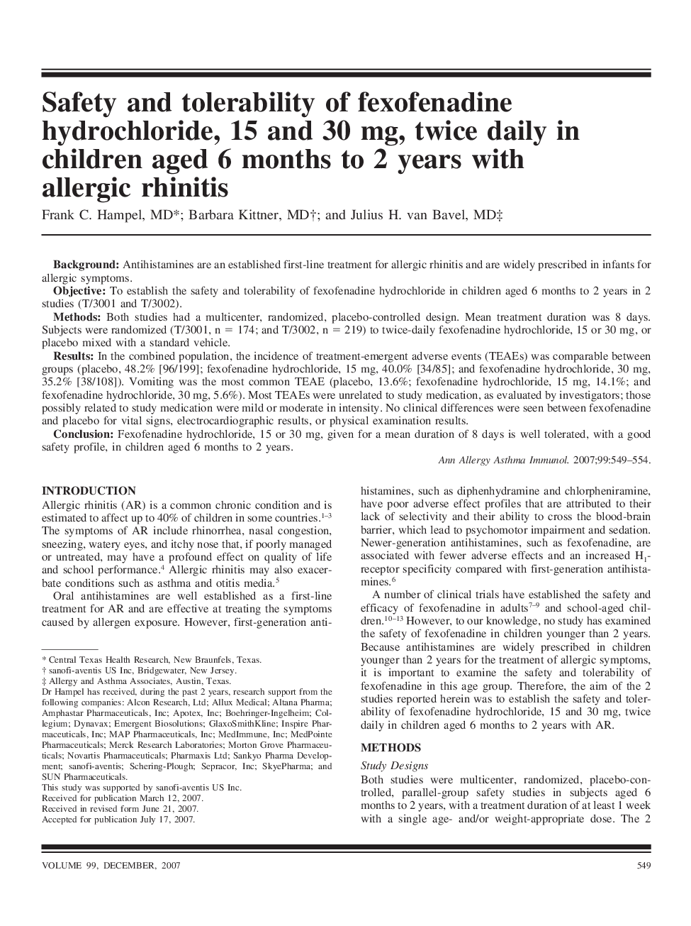 Safety and tolerability of fexofenadine hydrochloride, 15 and 30 mg, twice daily in children aged 6 months to 2 years with allergic rhinitis