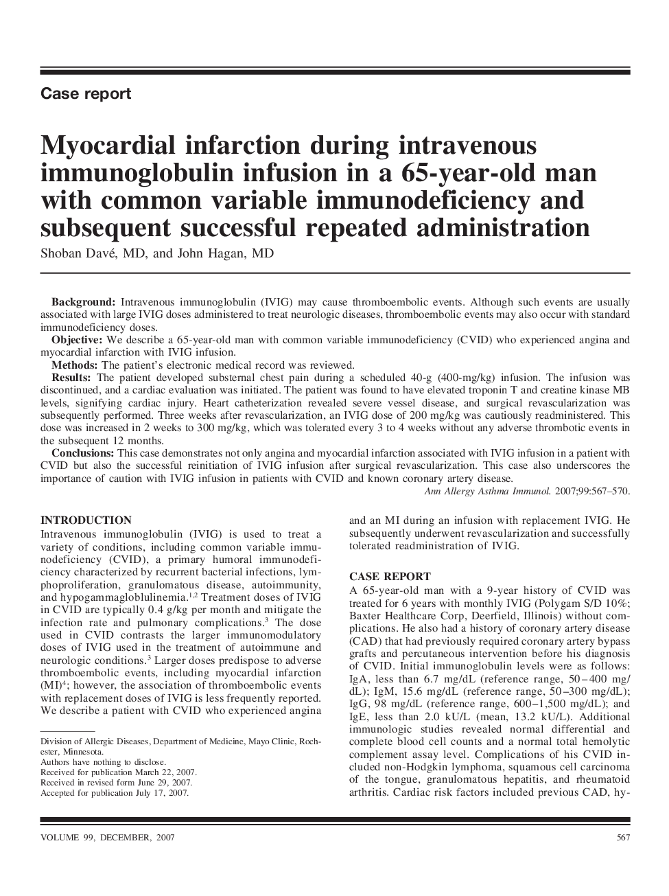 Myocardial infarction during intravenous immunoglobulin infusion in a 65-year-old man with common variable immunodeficiency and subsequent successful repeated administration