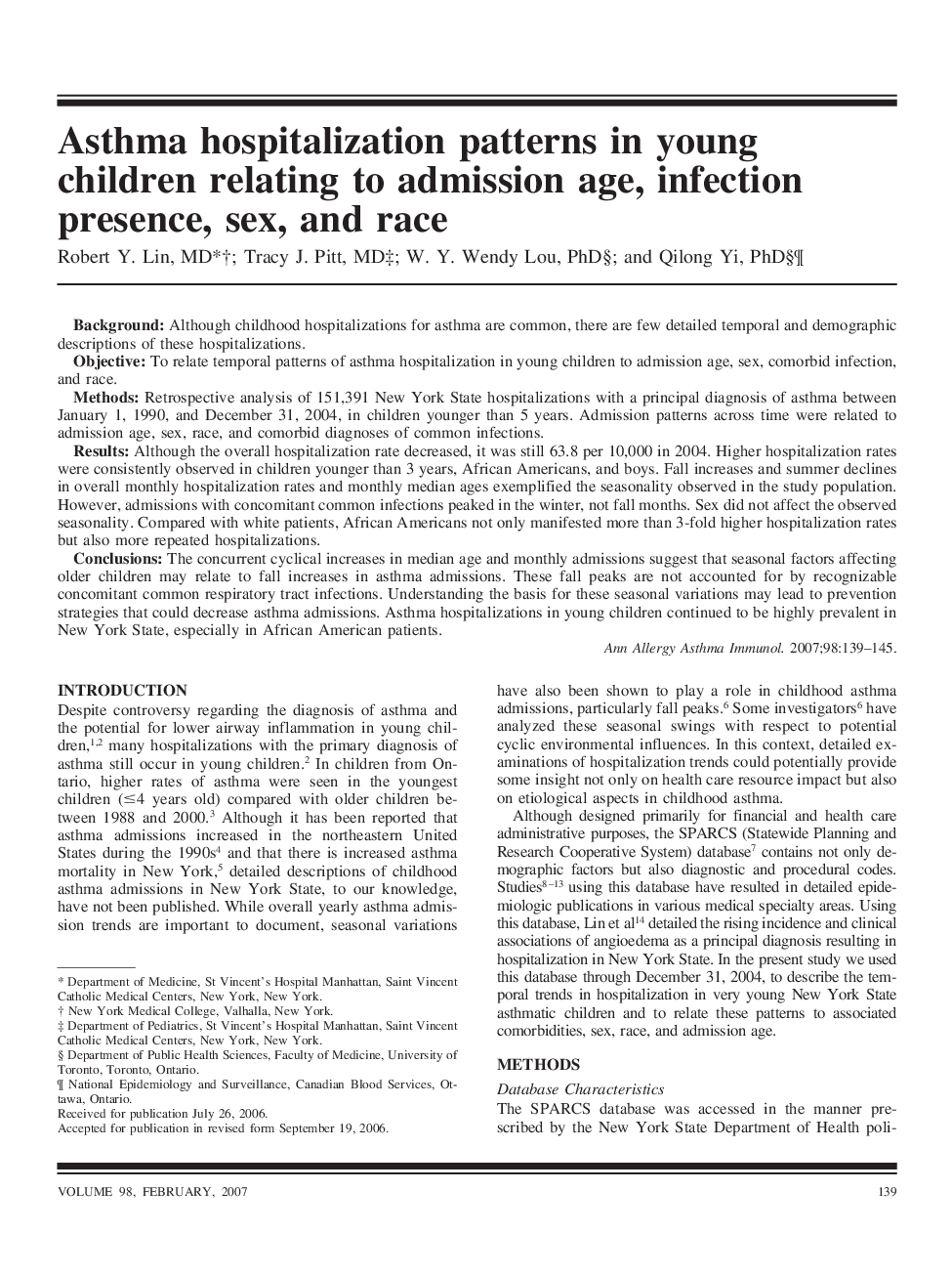 Asthma hospitalization patterns in young children relating to admission age, infection presence, sex, and race