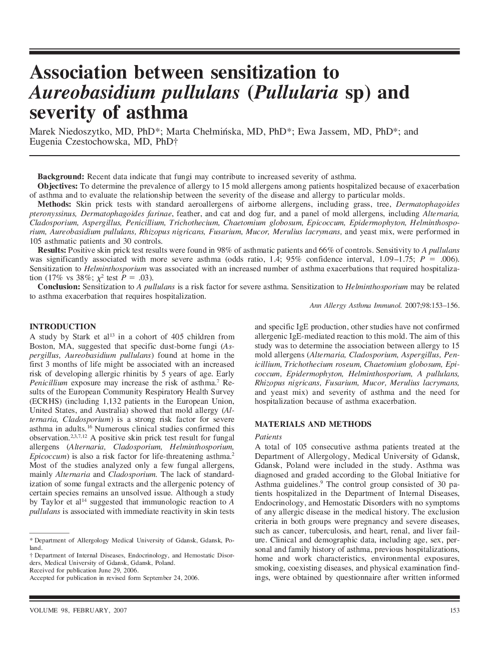 Association between sensitization to Aureobasidium pullulans (Pullularia sp) and severity of asthma