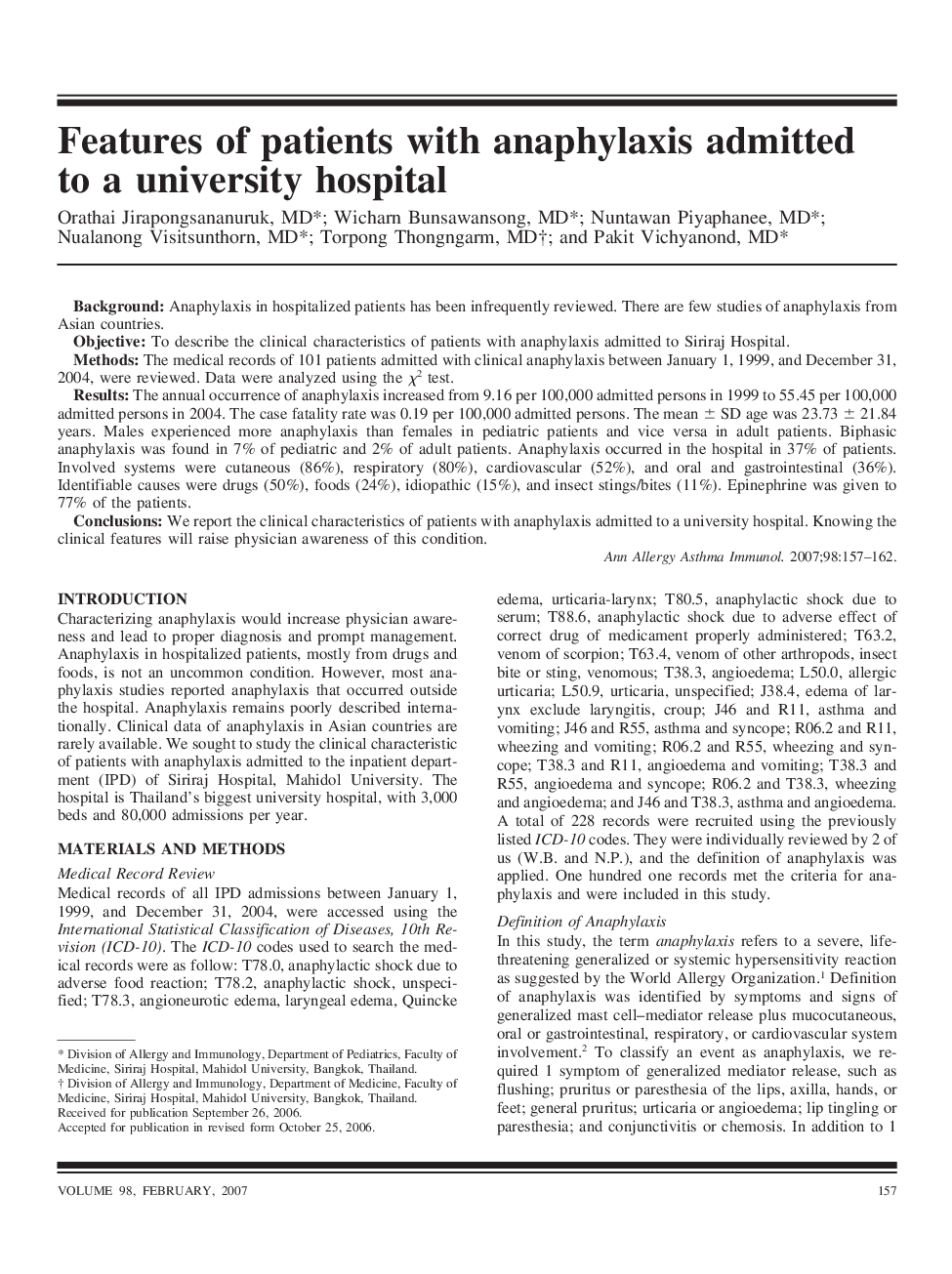 Features of patients with anaphylaxis admitted to a university hospital