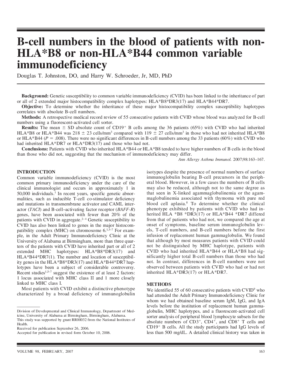 B-cell numbers in the blood of patients with non-HLA*B8 or non-HLA*B44 common variable immunodeficiency