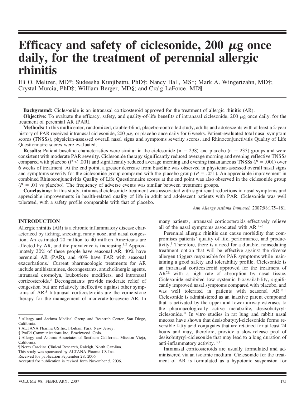 Efficacy and safety of ciclesonide, 200 Î¼g once daily, for the treatment of perennial allergic rhinitis