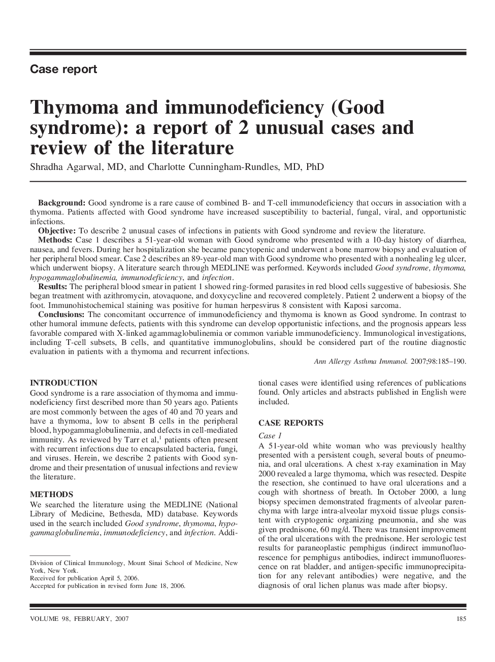 Thymoma and immunodeficiency (Good syndrome): a report of 2 unusual cases and review of the literature