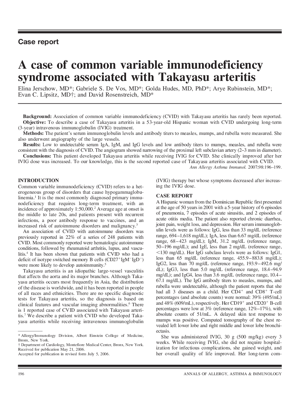 A case of common variable immunodeficiency syndrome associated with Takayasu arteritis