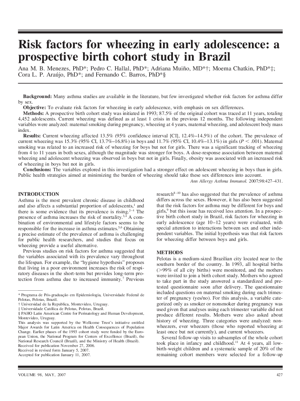 Risk factors for wheezing in early adolescence: a prospective birth cohort study in Brazil
