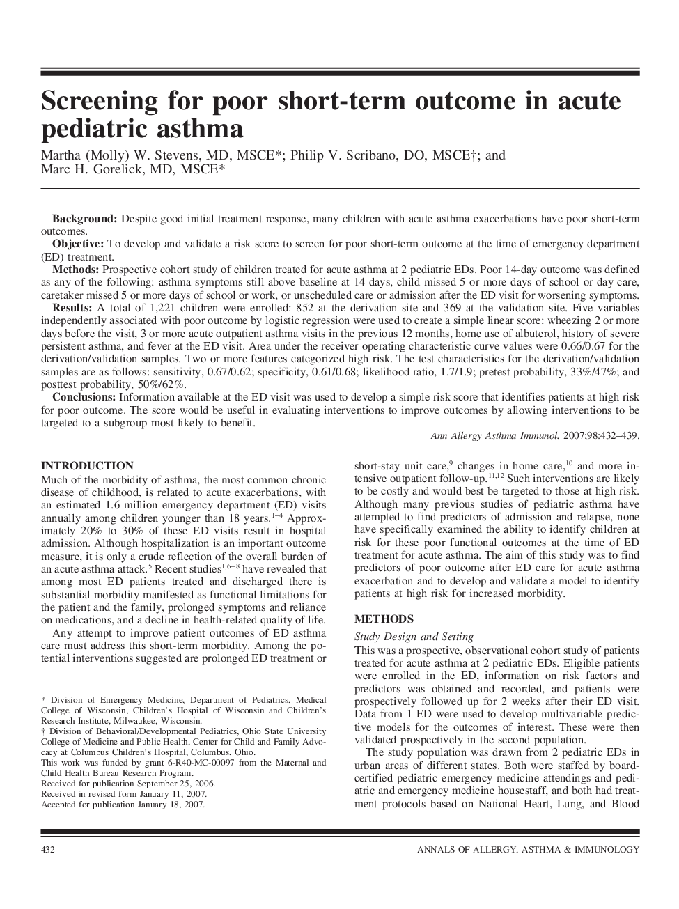 Screening for poor short-term outcome in acute pediatric asthma
