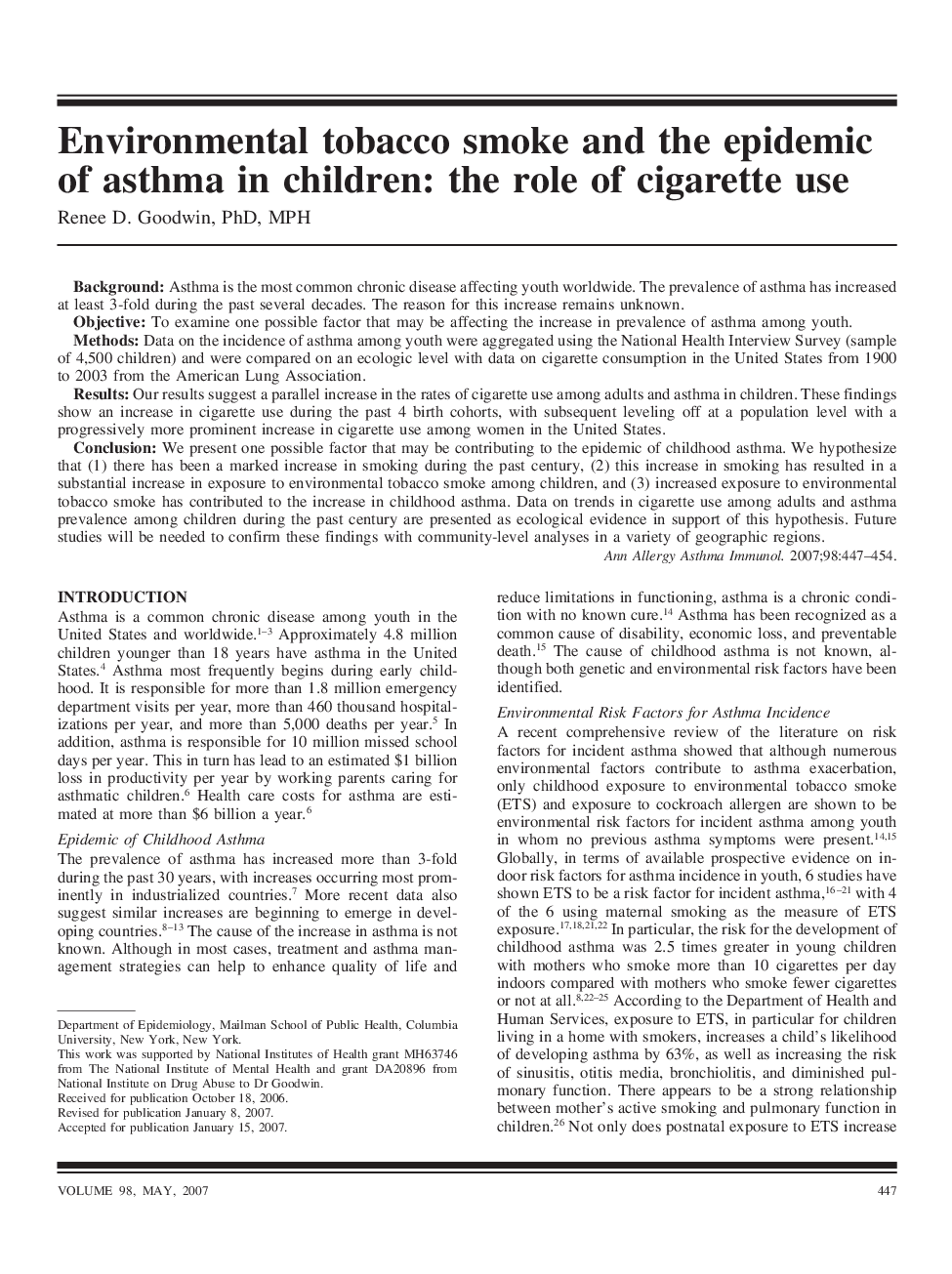 Environmental tobacco smoke and the epidemic of asthma in children: the role of cigarette use