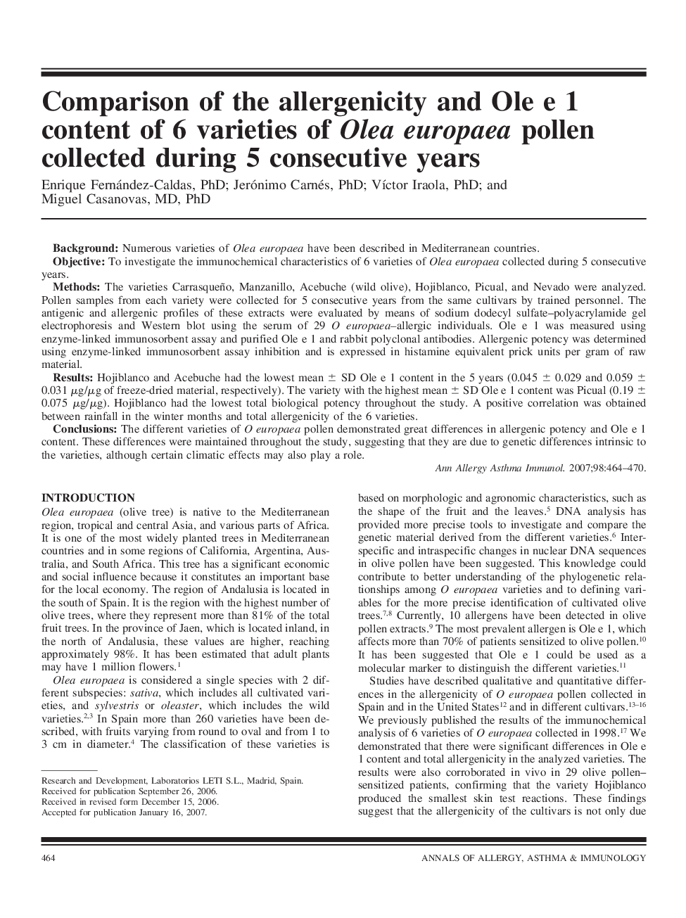 Comparison of the allergenicity and Ole e 1 content of 6 varieties of Olea europaea pollen collected during 5 consecutive years
