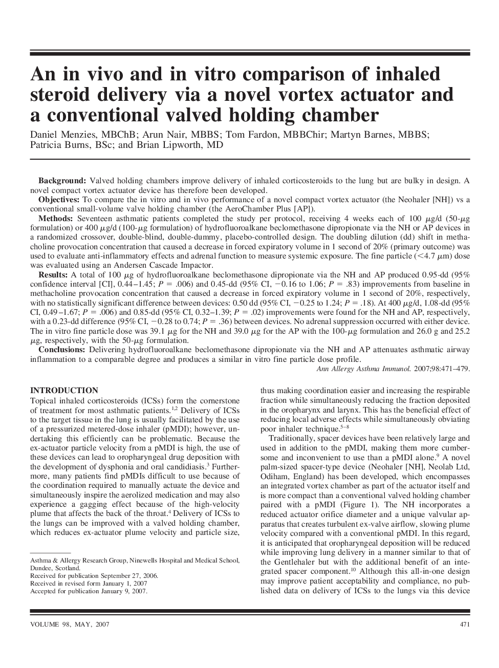 An in vivo and in vitro comparison of inhaled steroid delivery via a novel vortex actuator and a conventional valved holding chamber