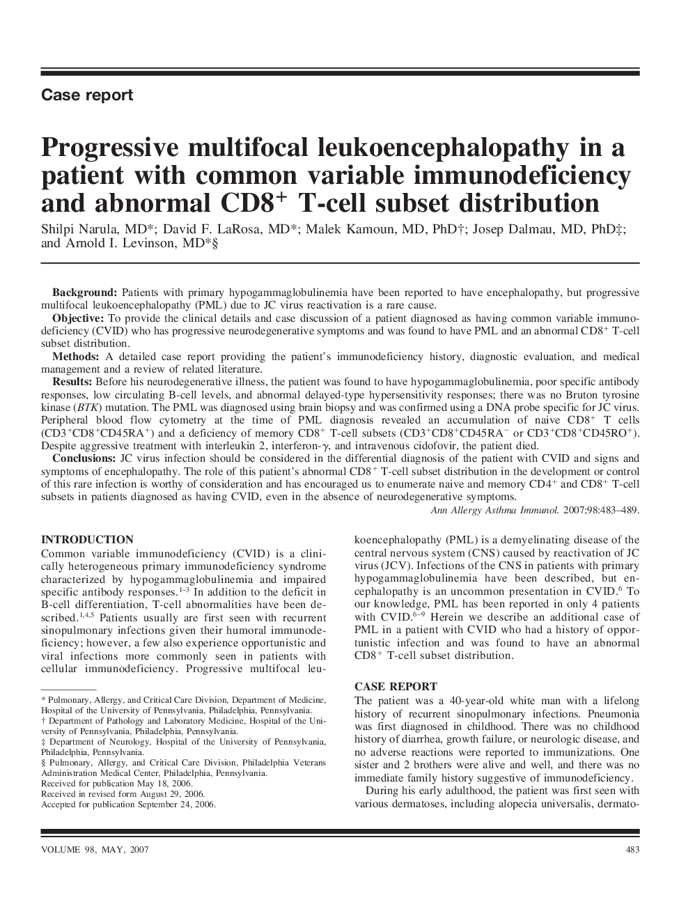 Progressive multifocal leukoencephalopathy in a patient with common variable immunodeficiency and abnormal CD8+ T-cell subset distribution