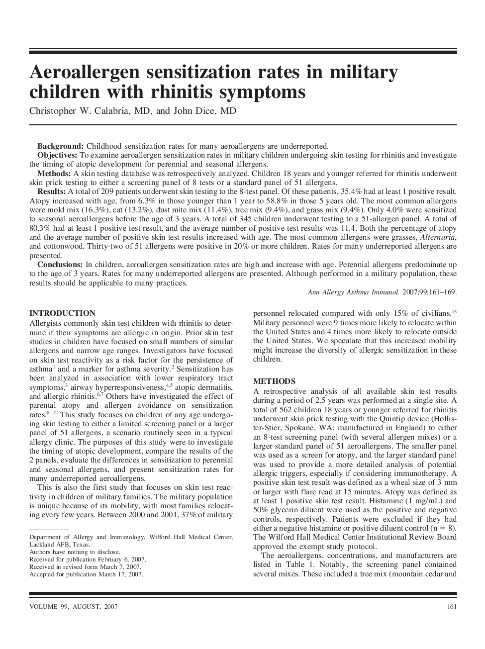 Aeroallergen sensitization rates in military children with rhinitis symptoms