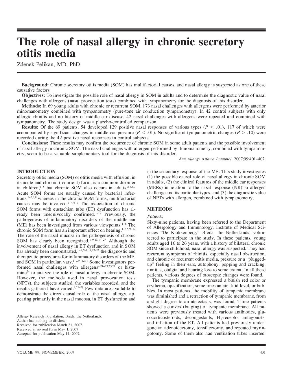 The role of nasal allergy in chronic secretory otitis media
