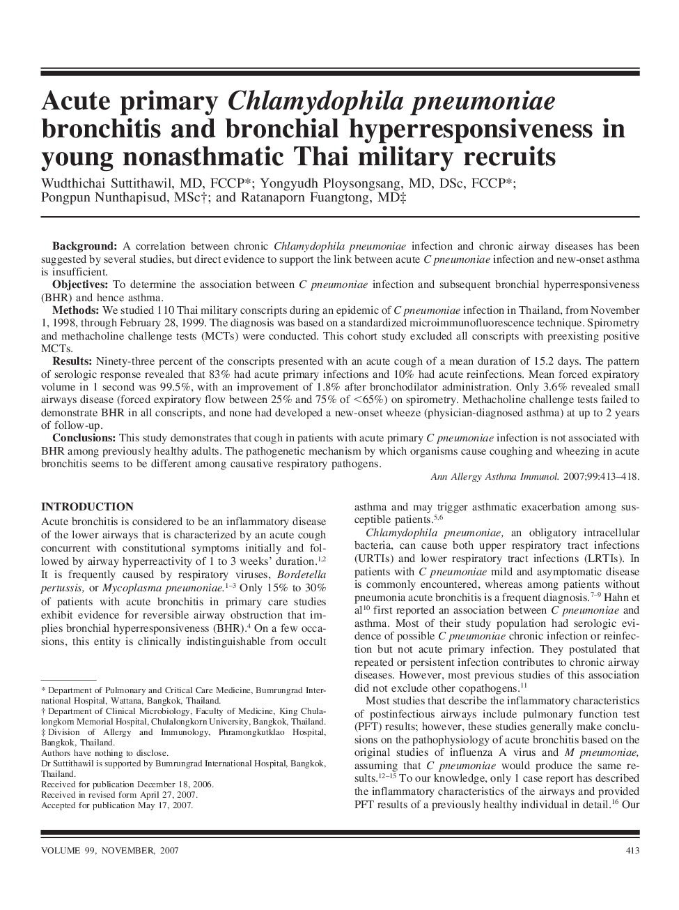 Acute primary Chlamydophila pneumoniae bronchitis and bronchial hyperresponsiveness in young nonasthmatic Thai military recruits