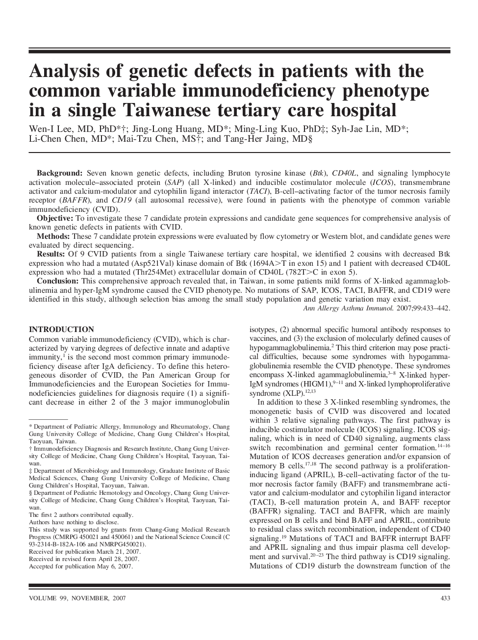 Analysis of genetic defects in patients with the common variable immunodeficiency phenotype in a single Taiwanese tertiary care hospital