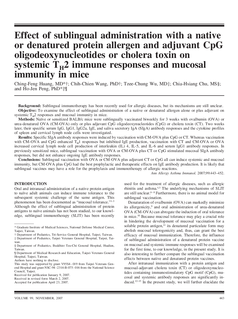 Effect of sublingual administration with a native or denatured protein allergen and adjuvant CpG oligodeoxynucleotides or cholera toxin on systemic TH2 immune responses and mucosal immunity in mice