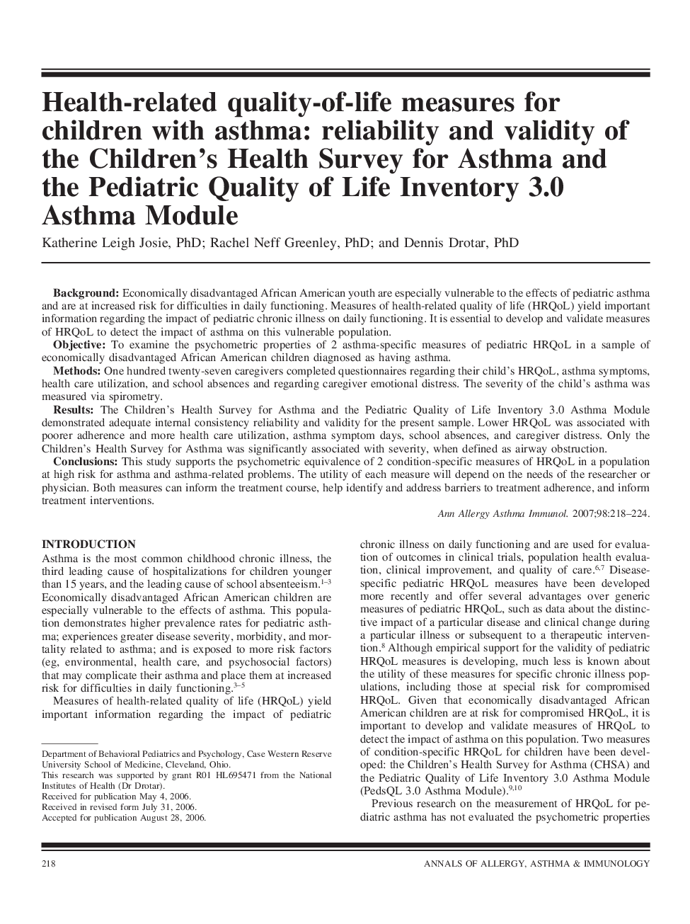 Health-related quality-of-life measures for children with asthma: reliability and validity of the Children's Health Survey for Asthma and the Pediatric Quality of Life Inventory 3.0 Asthma Module