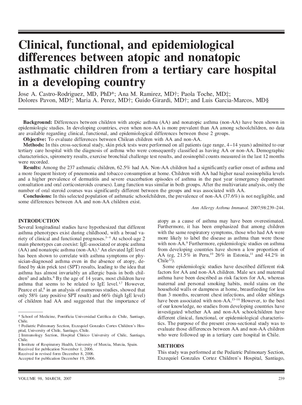 Clinical, functional, and epidemiological differences between atopic and nonatopic asthmatic children from a tertiary care hospital in a developing country