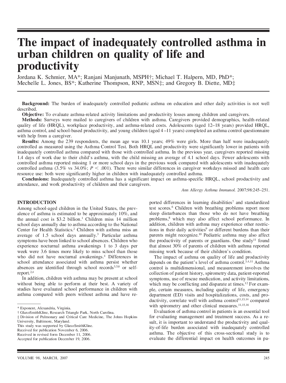 The impact of inadequately controlled asthma in urban children on quality of life and productivity